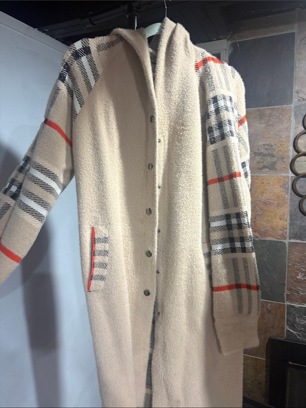 Othr Cream Hooded Long Cardigan with Plaid Sleeves and Red Accents